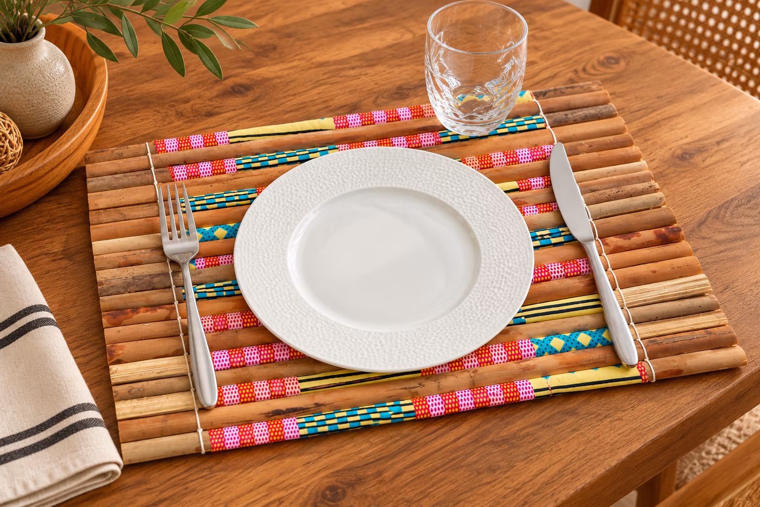 Set de table en bambou et tissu kenté rose et jaune – Mise en situation