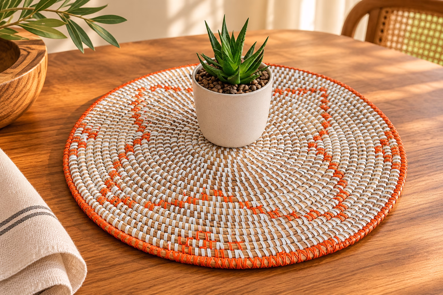 Set de table rond artisanal blanc et orange – Mise en ambiance