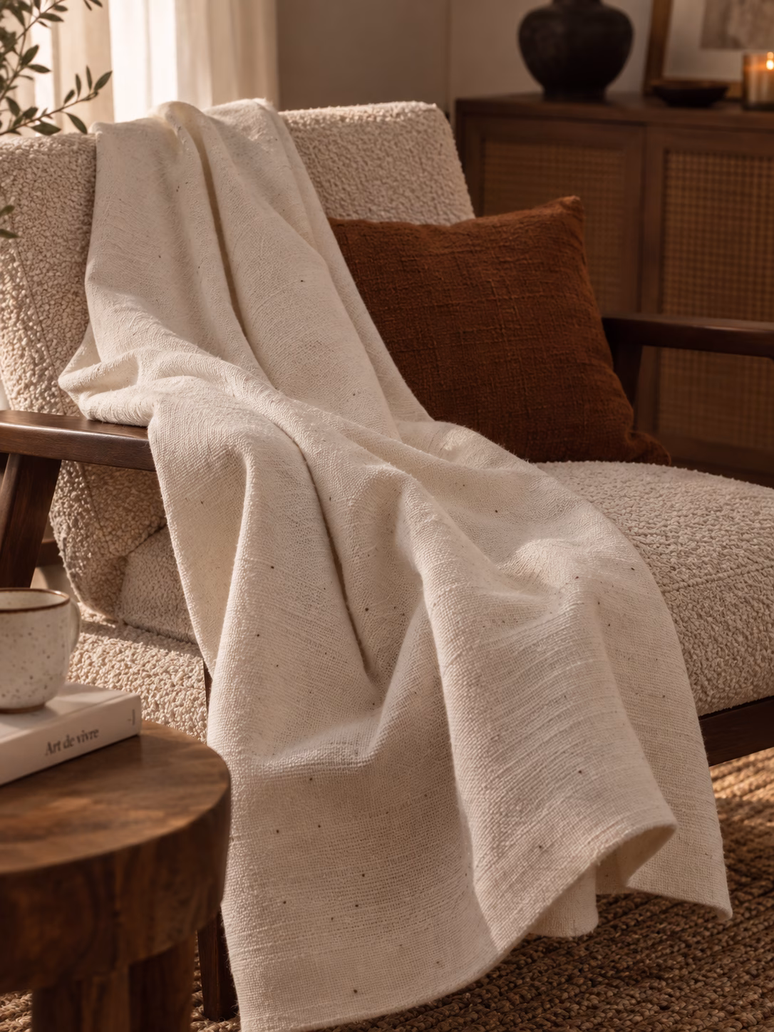 Jeté en coton tissé écru