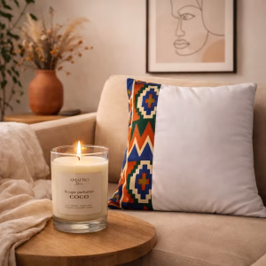 Intérieur apaisant et slow déco avec coussins et bougie Amafro Decor